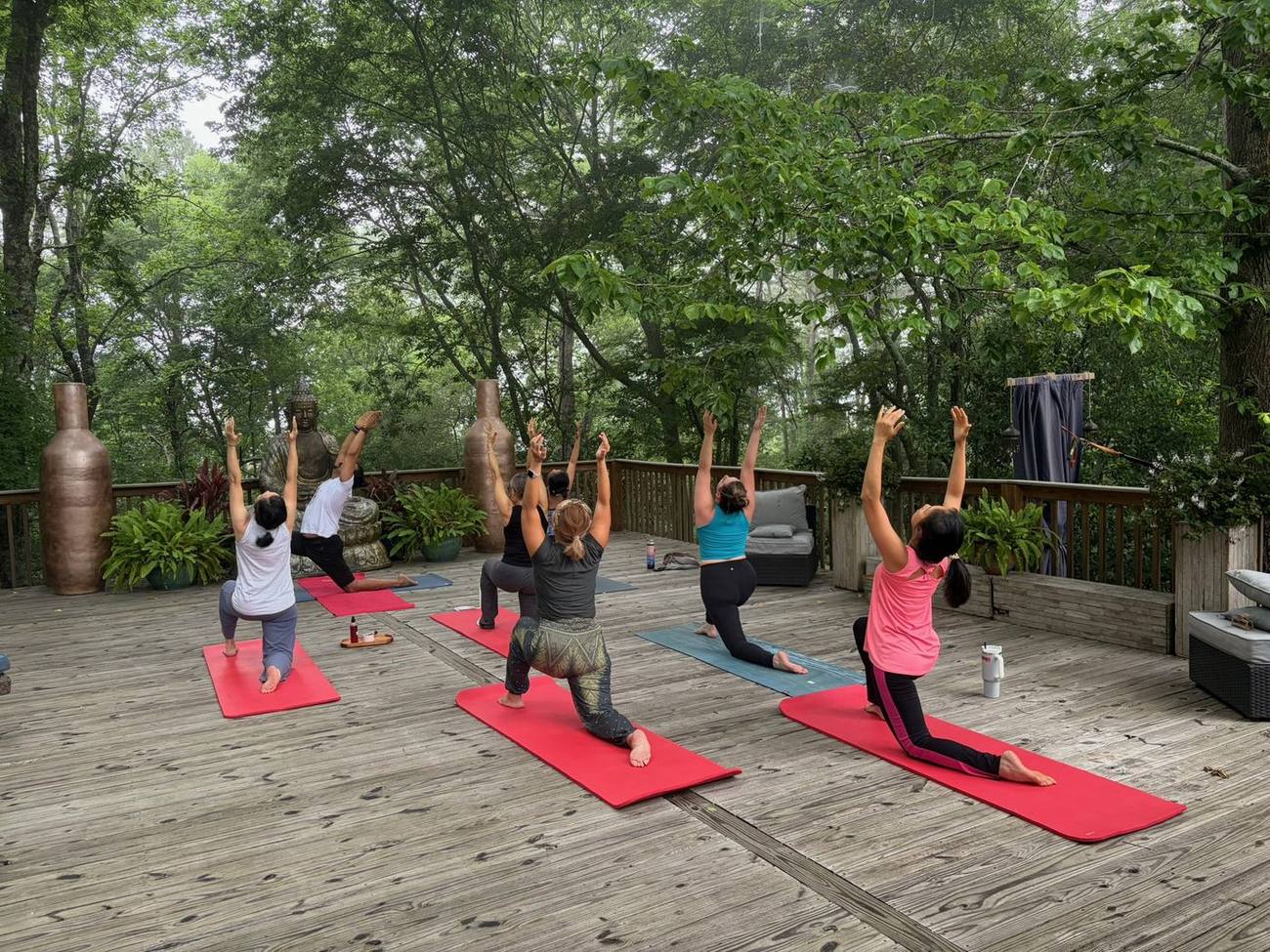 Morning yoga session on a wooden deck